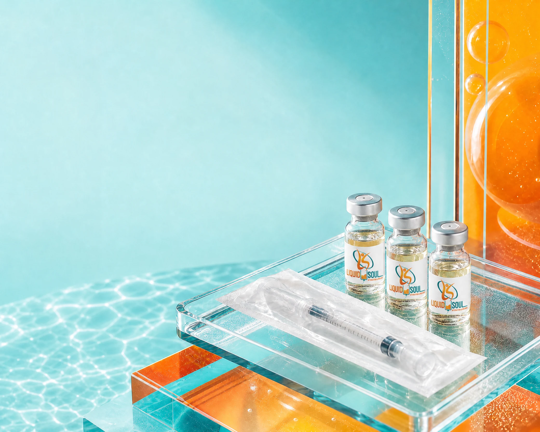 Wellness injection vials with Liquid Soul branding in aqua and orange campaign colors